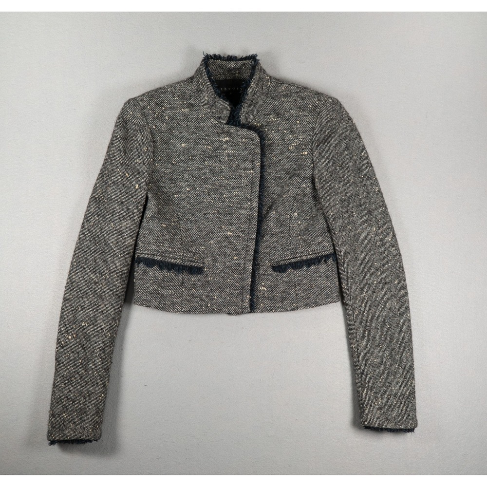 Theory Womens Cropped Tweed Jacket Wool Blend Fringe Trim Gray Navy Size 2